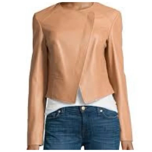 BCBG Maxazria Faux Vegan Leather Lloyd In Camel Cropped Jacket XS - Picture 1 of 9